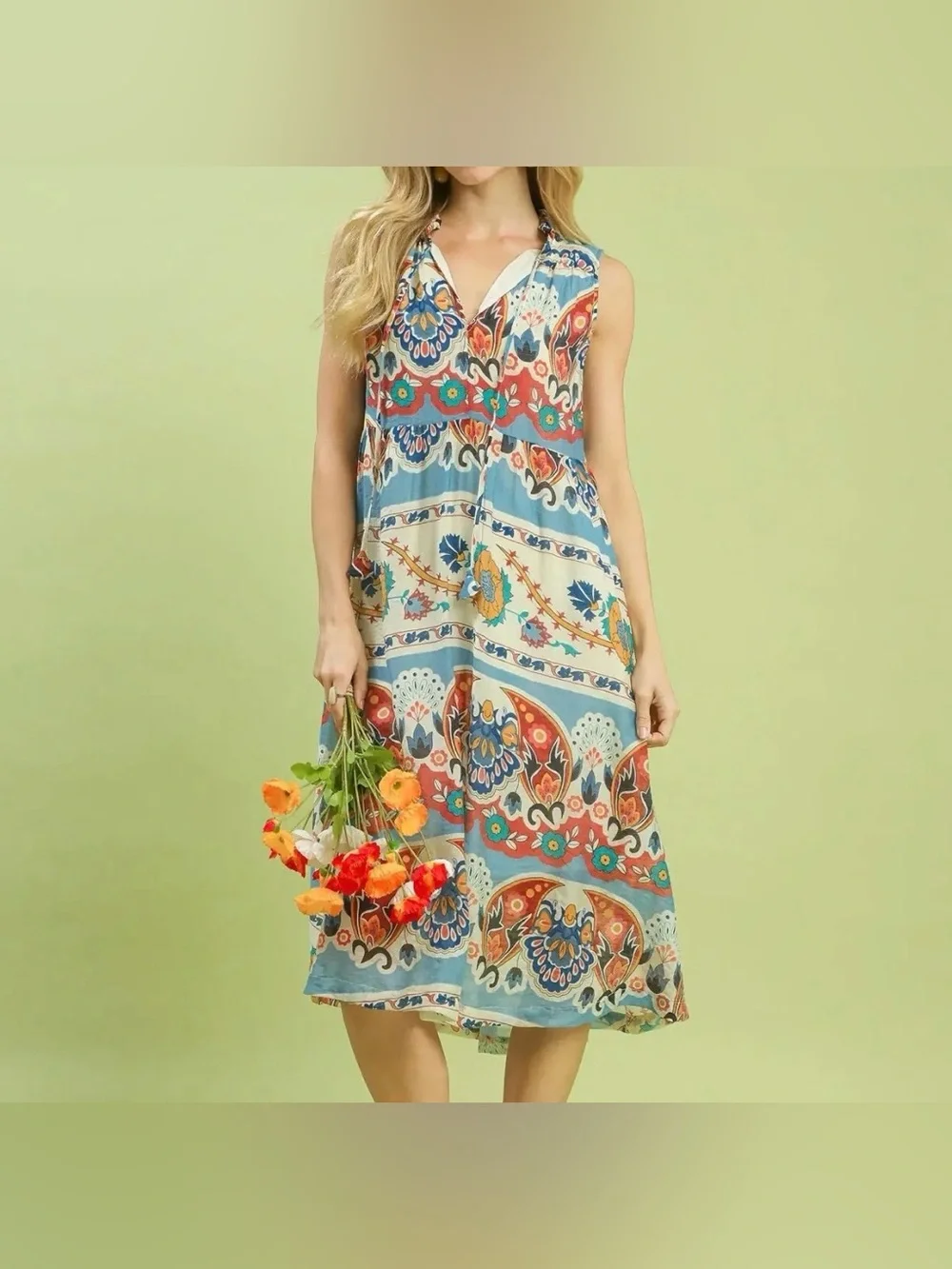Umgee Colorful Paisley Midi Dress Boho Floral Romantic Enchanted Viscose Whimsy - Picture 4 of 14
